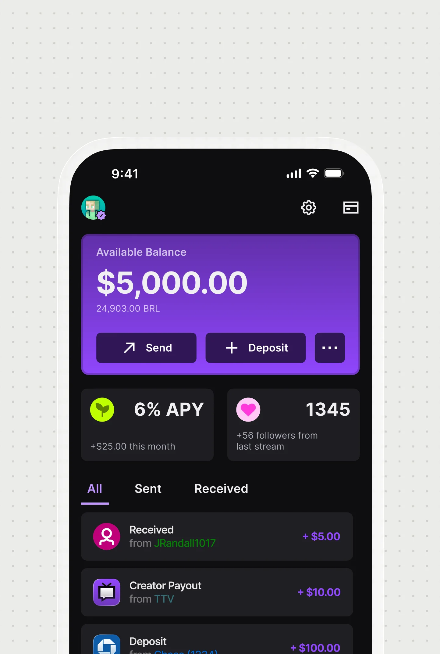Creator platform wallet screen
