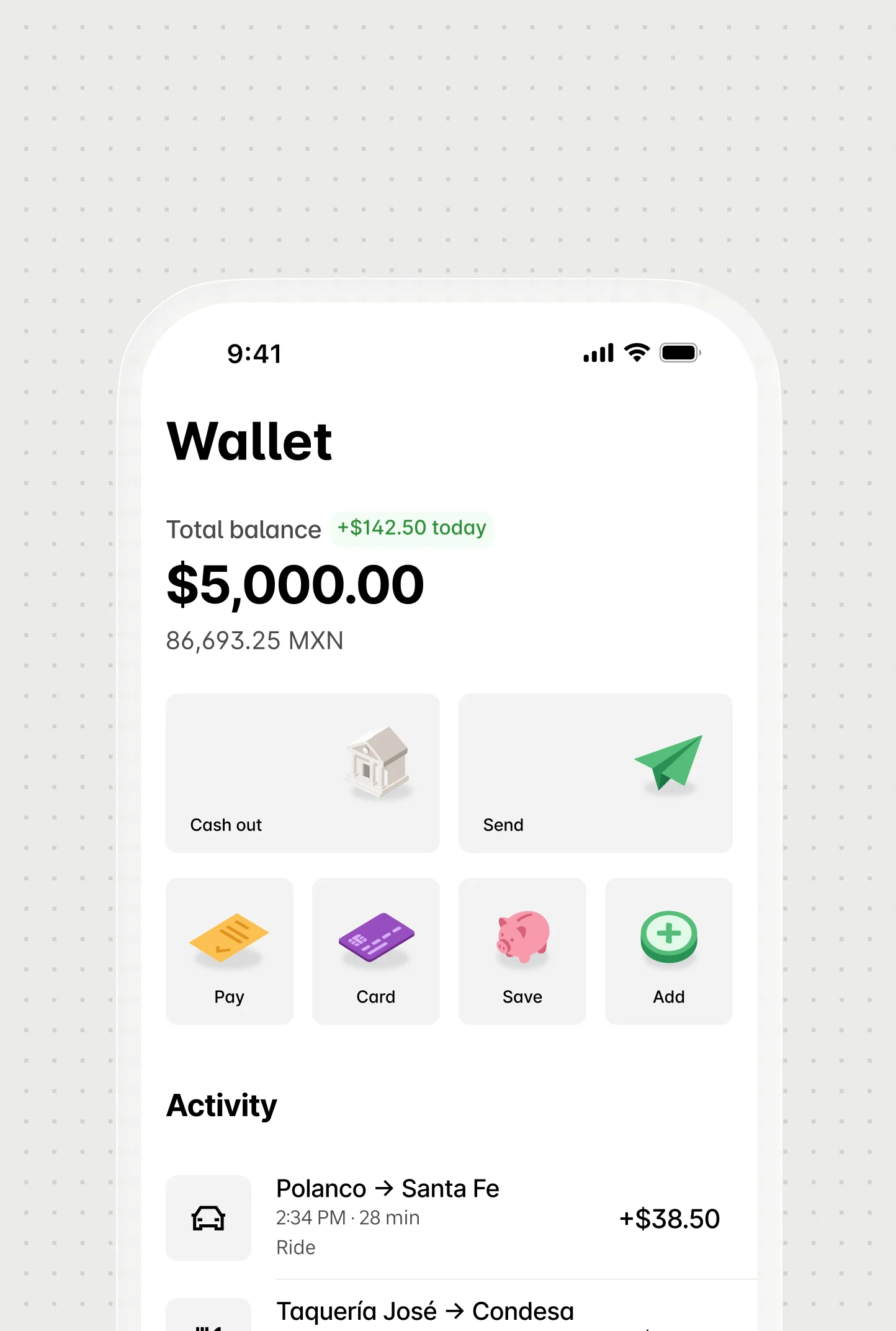On-demand platform wallet screen