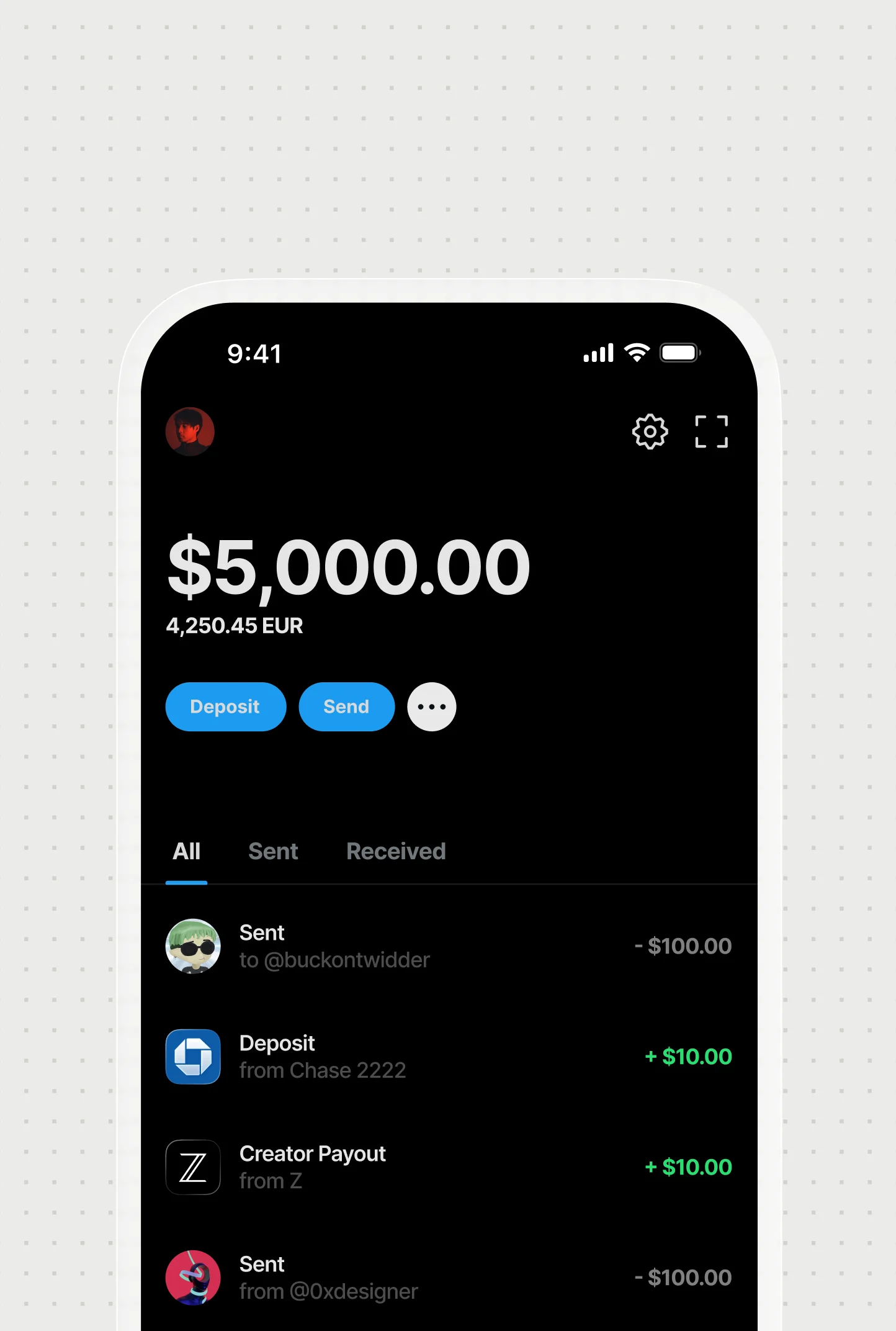 Social platform wallet screen