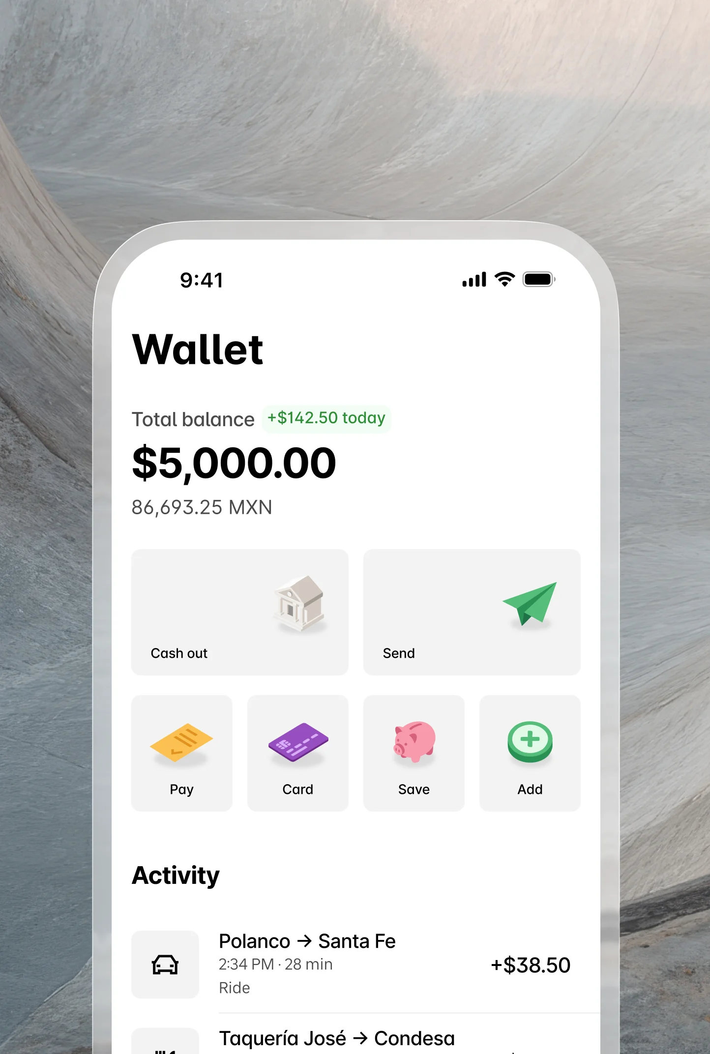 On-demand platform wallet screen