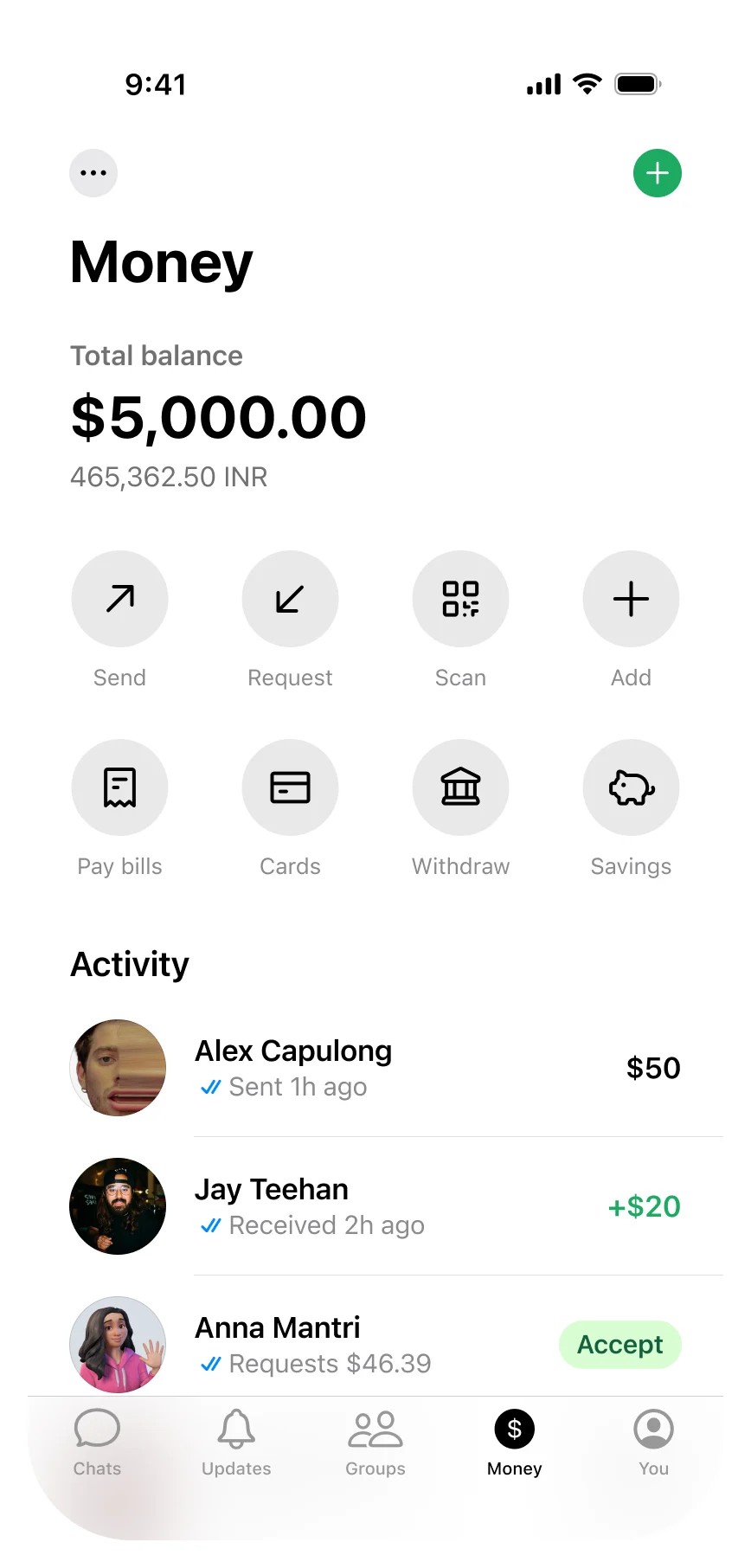 Messaging platform wallet screen