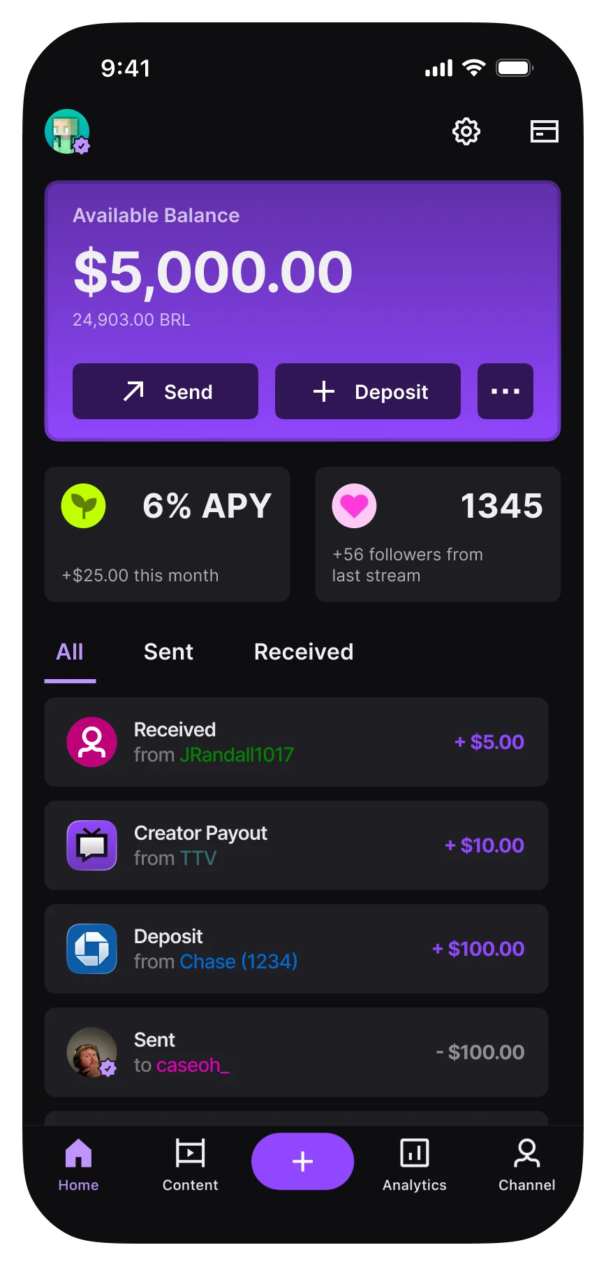 Creator platform wallet screen