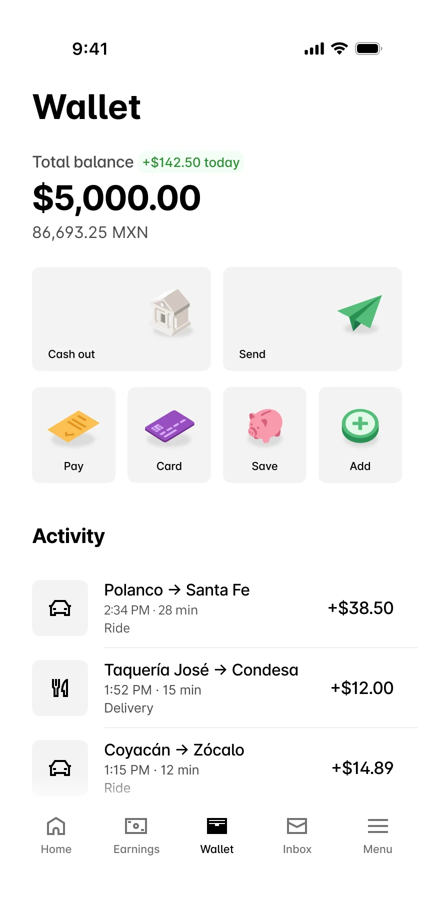 On-demand platform wallet screen