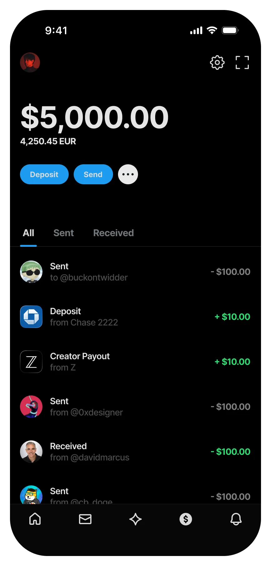 Social platform wallet screen